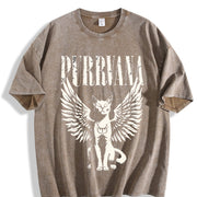 Retro Purrvana Cat with Wings Vintage Washed T-Shirt in Brown
