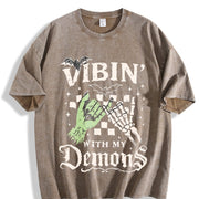 Vibin' with My Demons Skeleton vintage washed oversized T-shirt in Brown