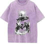 Killer Whales Retro Marine Life Orca Vintage Washed T-Shirt in Purple