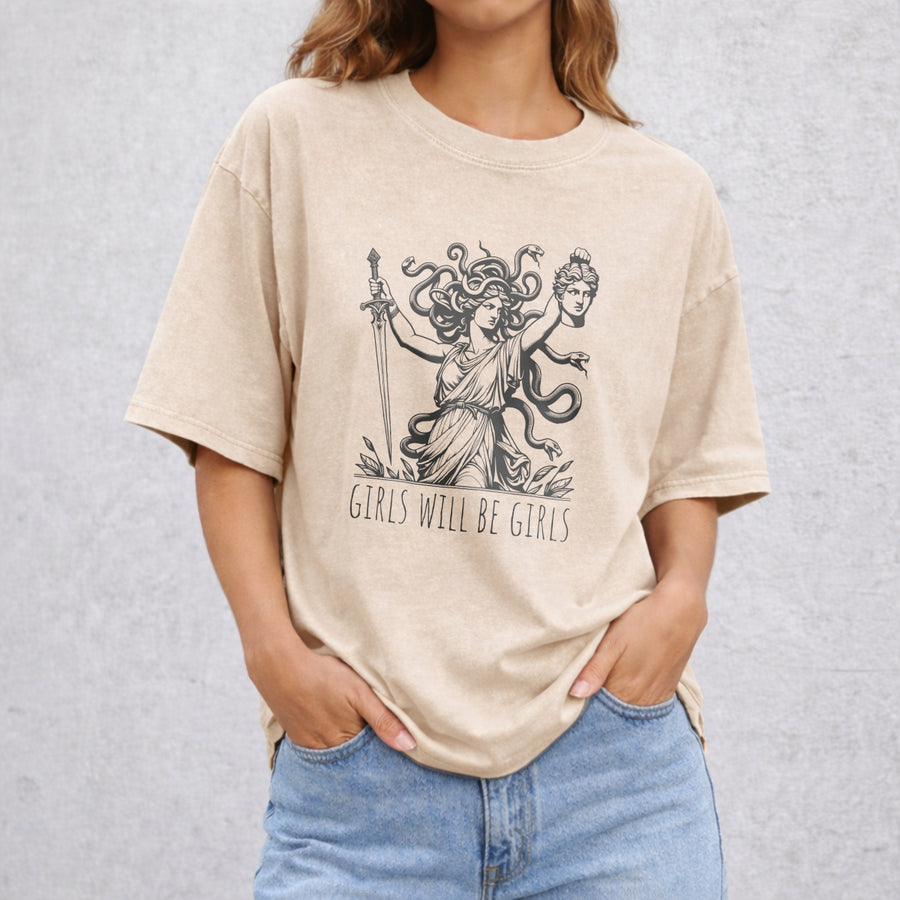 Girls Will Be Girls vintage washed oversized T-shirt in Beige
