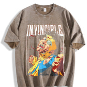 With Dark 'Invincible Comic Character And Text INVINCIBLE' vintage washed oversized T-shirt in Brown