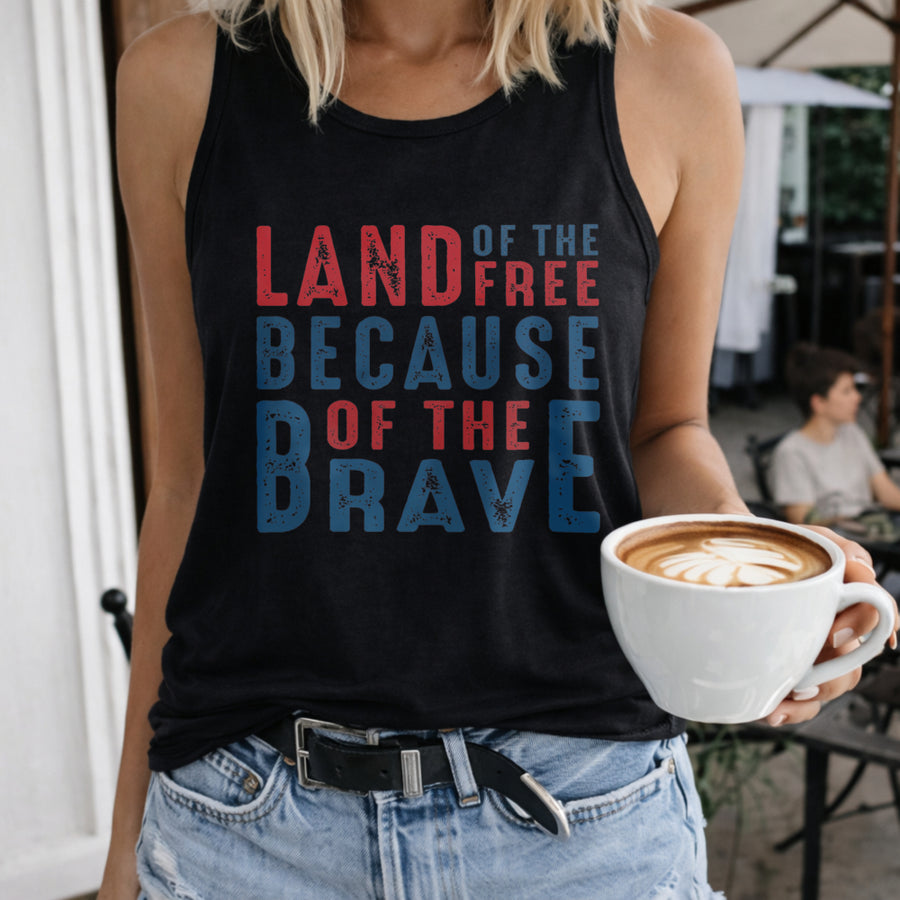 Land of the Free Because of the Brave Women's Color Cotton Tank Top in Black