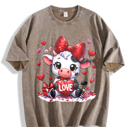 Valentine's Day Winter Cow Wearing Diamond Bow LOVE Vintage Washed T-Shirt in Brown