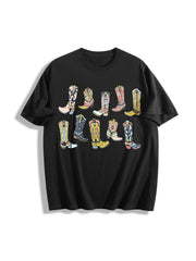 Colorful Cowboy Boots Cotton T-Shirt in Black