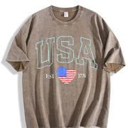 Embroidered USA Flag Vintage Washed T-Shirt in Brown