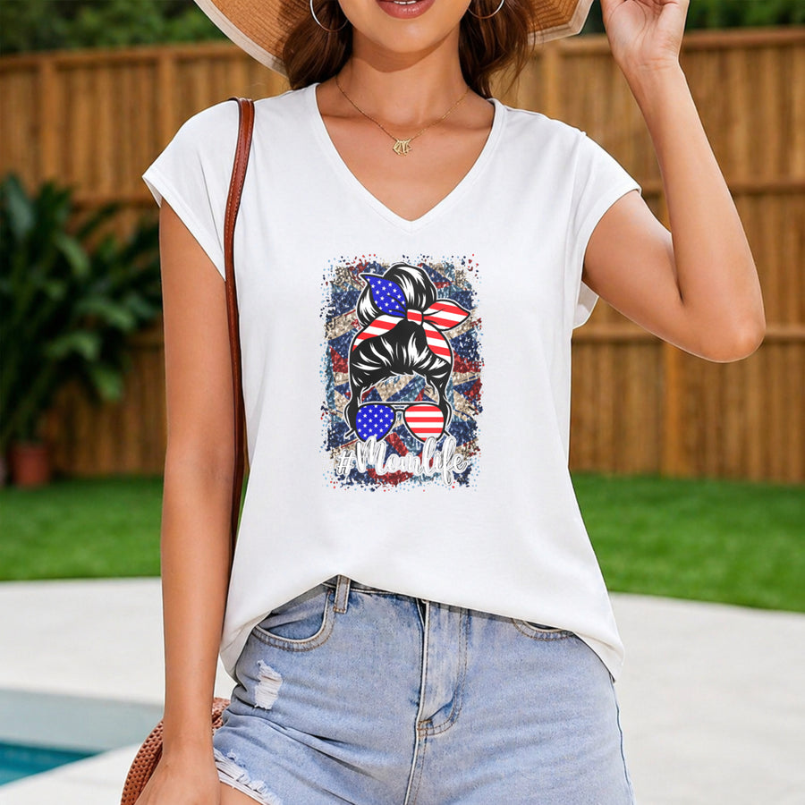 Sleeveless Vest American Flag Hair Bow Glasses Momlife Women's Color Cotton Tank Top in White