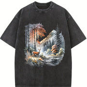 Retro Deer Nature 90s Vintage Washed T-Shirt in Black