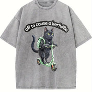 Black Cat Scooter Off to Cause a Kerfuffle Boxy Vintage Washed T-Shirt in Gray