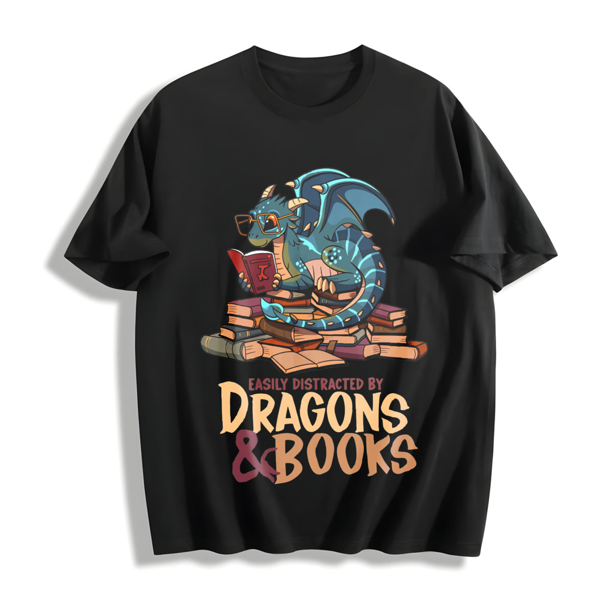 Blue Dragon Buried in Books Letter Cotton T-Shirt in Black