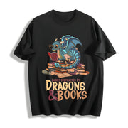 Blue Dragon Buried in Books Letter Cotton T-Shirt in Black