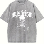 Mysticism Studios Ski Mask Gothic Letter Back Vintage Washed T-Shirt in Gray