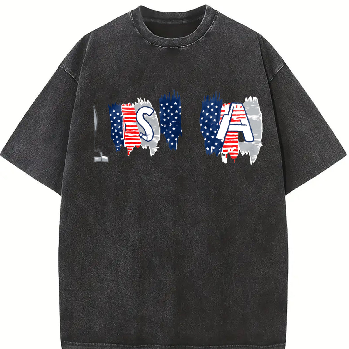 USA Flags Typography Vintage Washed T-Shirt in Black