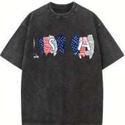 USA Flags Typography Vintage Washed T-Shirt in Black