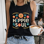 Hippie Soul Flower Peace Love Crew-neck Sleeveless Vest Women's Color Cotton Tank Top in Black