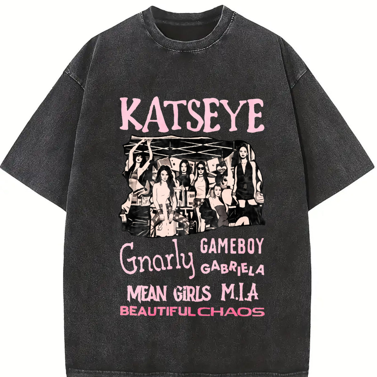 Katseye Beautiful Chaos Tracklist Vintage Washed T-Shirt in Black