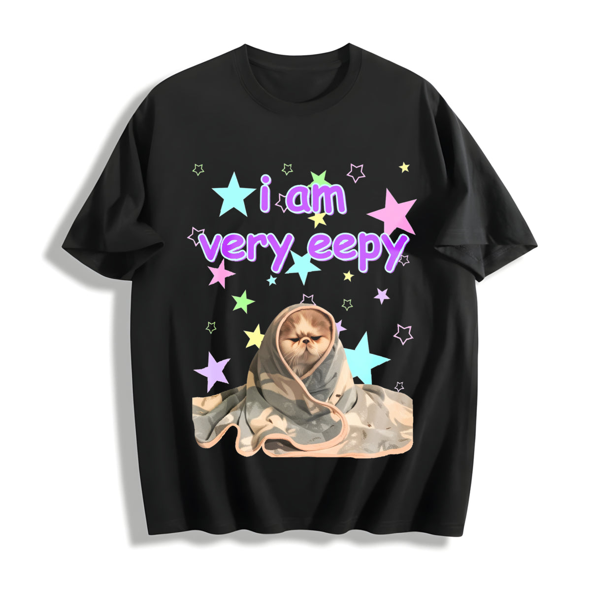 Eepy Cat Meme Cotton T-Shirt in Black