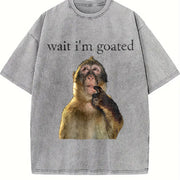 25 Wait I'm Goated Thinking Monkey Meme Brainrot vintage washed oversized T-shirt in Gray