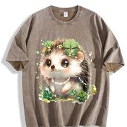 Hedgehog with Jewelry and Lucky Four-leaf Clover Vintage Washed T-Shirt in Brown