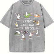 Last Day of School Goose Teacher Happy Last Day of School Vintage Washed T-Shirt in Gray