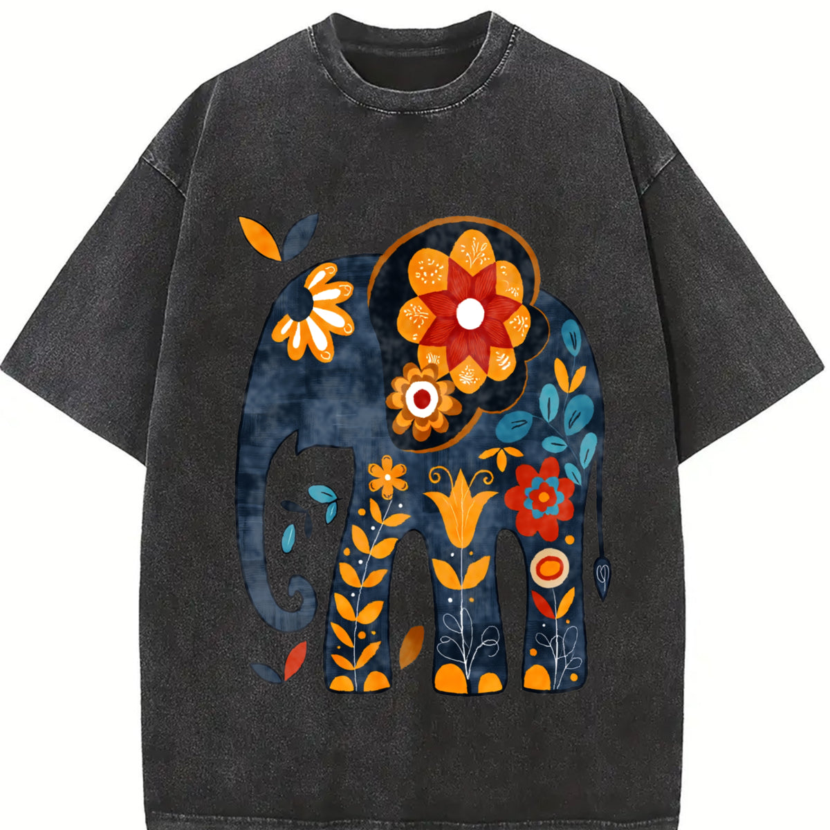 Bohemian Elephant with Vibrant Elephant & Floral Vintage Washed T-Shirt in Black