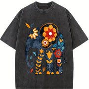 Bohemian Elephant with Vibrant Elephant & Floral Vintage Washed T-Shirt in Black