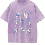 Birds Retro 90s Tattoo Vintage Washed T-Shirt in Purple