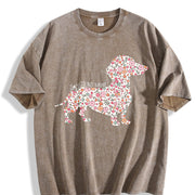 Floral Dachshund Wiener Dog Vintage Washed T-Shirt in Brown