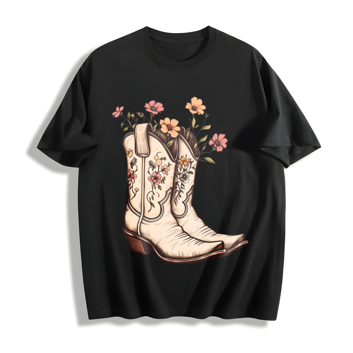 Western Cowgirl Boots Cotton T-Shirt in Black