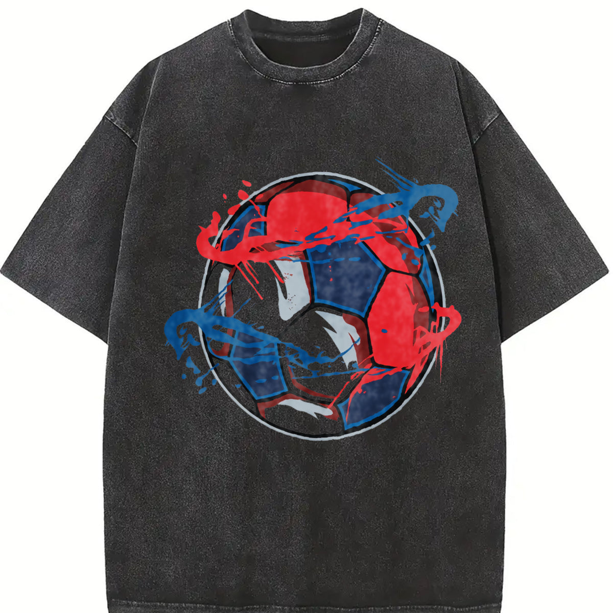 Red and Blue Soccer Ball Vintage Washed T-Shirt in Black