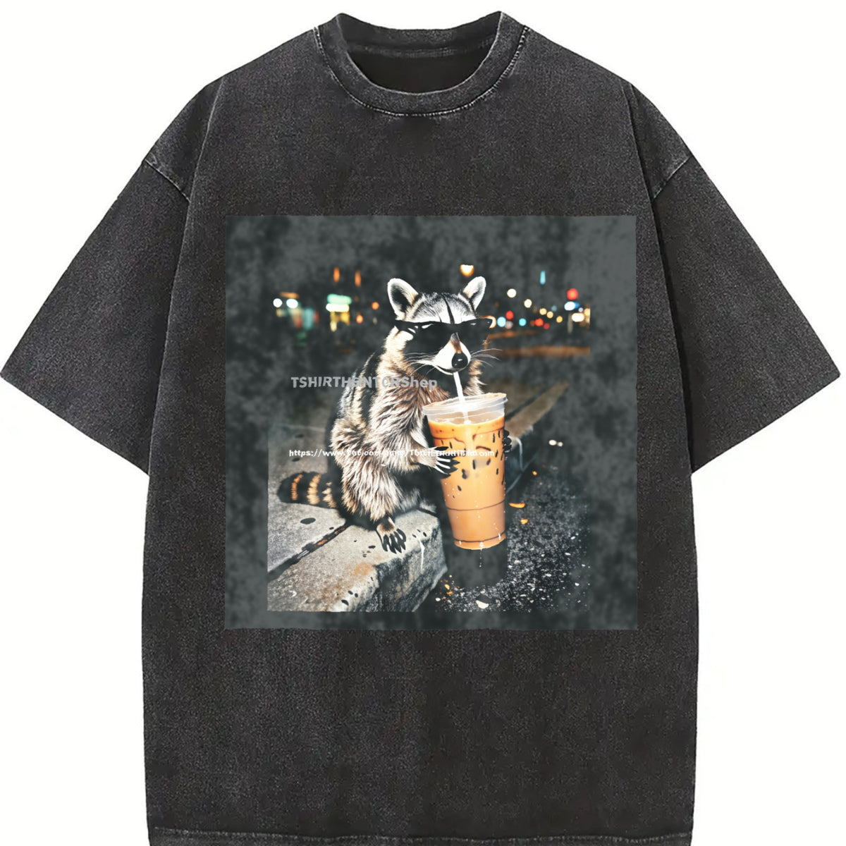 Raccoon Drinking Iced Coffee Vintage Washed T-Shirt in Black