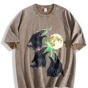Raven Howling to Moon 90s Vintage Washed T-Shirt in Brown