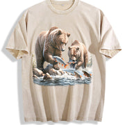 Bears 90s Retro Bear Fishing Wildlife Vintage Washed T-Shirt in Beige