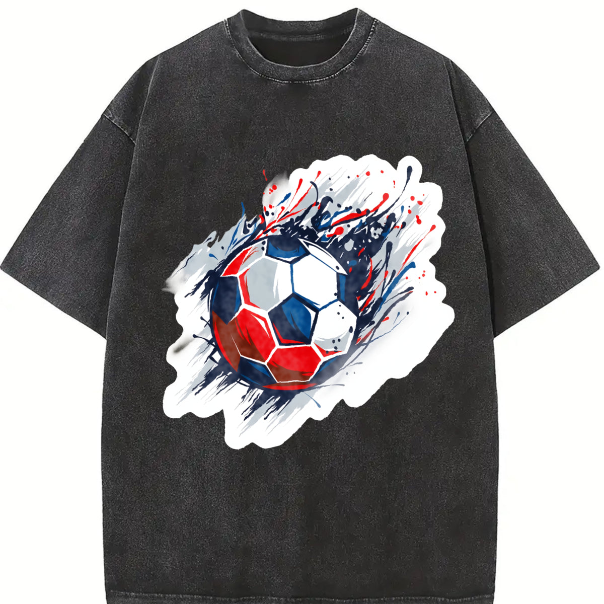Red and Blue Soccer Ball Vintage Washed T-Shirt in Black