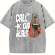 Call on Jesus Flip Phone White Retro Religious Vintage Washed T-Shirt in Gray