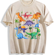 Autumn Dinosaur World Cartoon Short-sleeved Vintage Washed T-Shirt in Beige