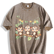 With Three Monkeys on Branch Yellow Flowers and Green Vintage Washed T-Shirt in Brown