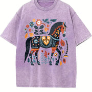 Bohemian Horse & Floral Vintage Washed T-Shirt in Purple