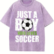 Just a Boy Who Loves Soccer Vintage Washed T-Shirt in Purple