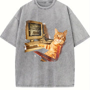 Office Cat Working at Computer Meme DTG Vintage Washed T-Shirt in Gray