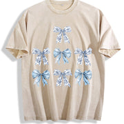 Toile Bow Blue Coquette Cute Ribbon Girly Girl Vintage Washed T-Shirt in Beige