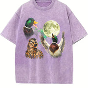 Mallard Duck Moon Retro Wildlife Bird Vintage Washed T-Shirt in Purple