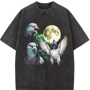 Pigeon Moon Retro Bird Nature Vintage Washed T-Shirt in Black