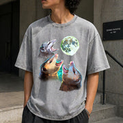 Three Possums Howling at Moon Vintage Washed T-Shirt in Gray