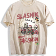 Horror Characters Christmas Vintage Washed T-Shirt in Beige
