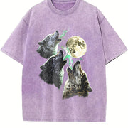 Wolves Howling to Moon 90s Vintage Washed T-Shirt in Purple