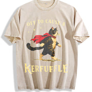 Off to Cause a Kerfuffle Superhero Cat Vintage Washed T-Shirt in Beige