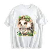 Hedgehog with Jewelry and Lucky Four-leaf Clover Cotton T-Shirt in White
