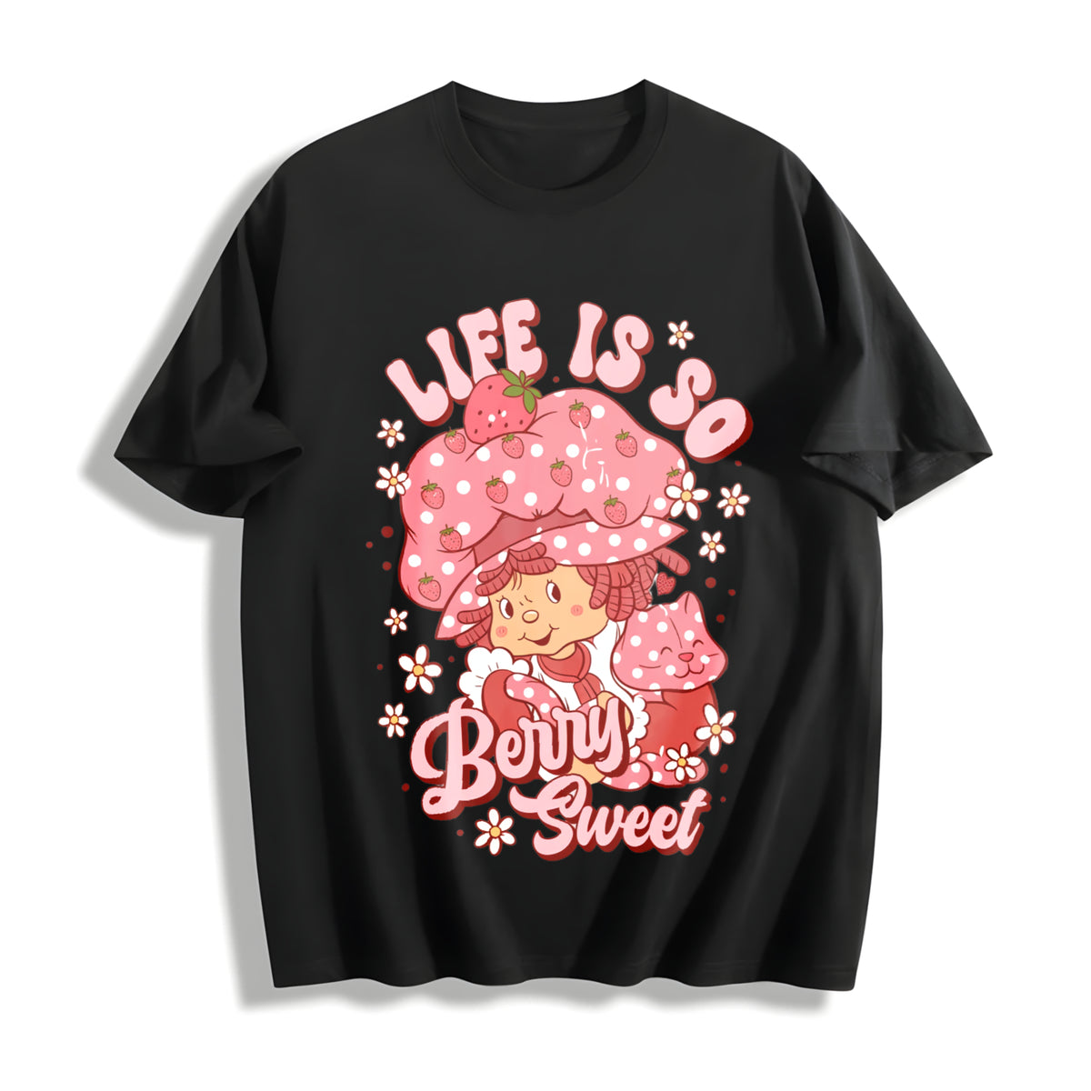 Have a Berry Nice Day Strawberry Cotton T-Shirt in Black