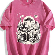 Bigfoot Playing Guitar with Alien and UFO 90s Vintage Washed T-Shirt in Red