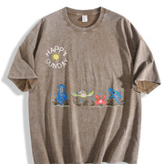 Sea Animals Embroidered Vintage Washed T-Shirt in Brown